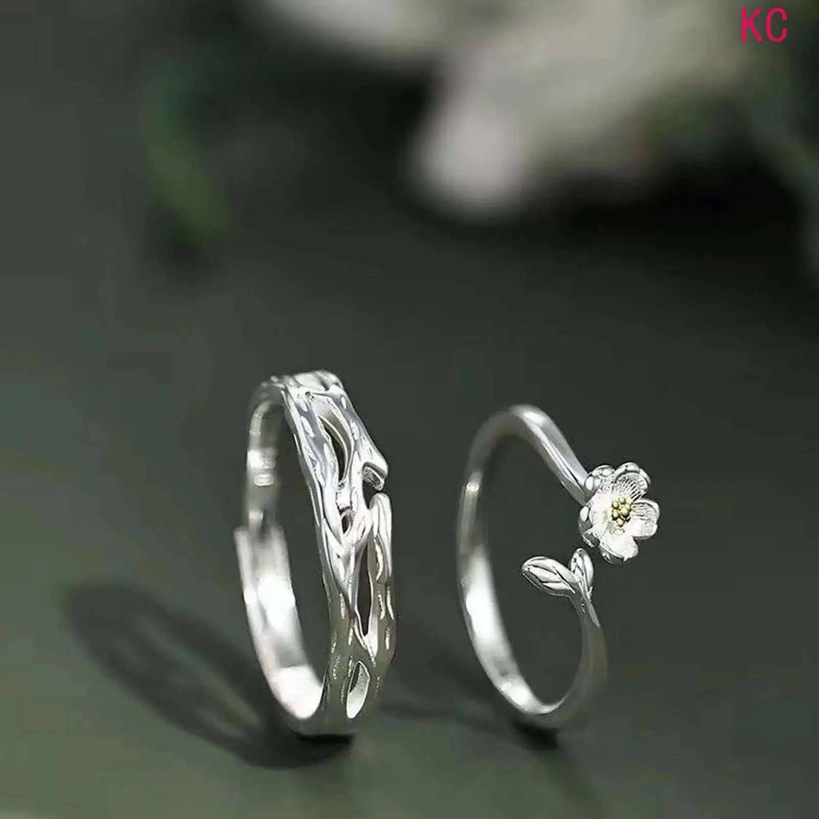 2Pcs Jasmine Pattern Adjustable Open Couple Rings, Artificial Gemstone Elegant Band Jewelry For Daily Daily Outfit Matching