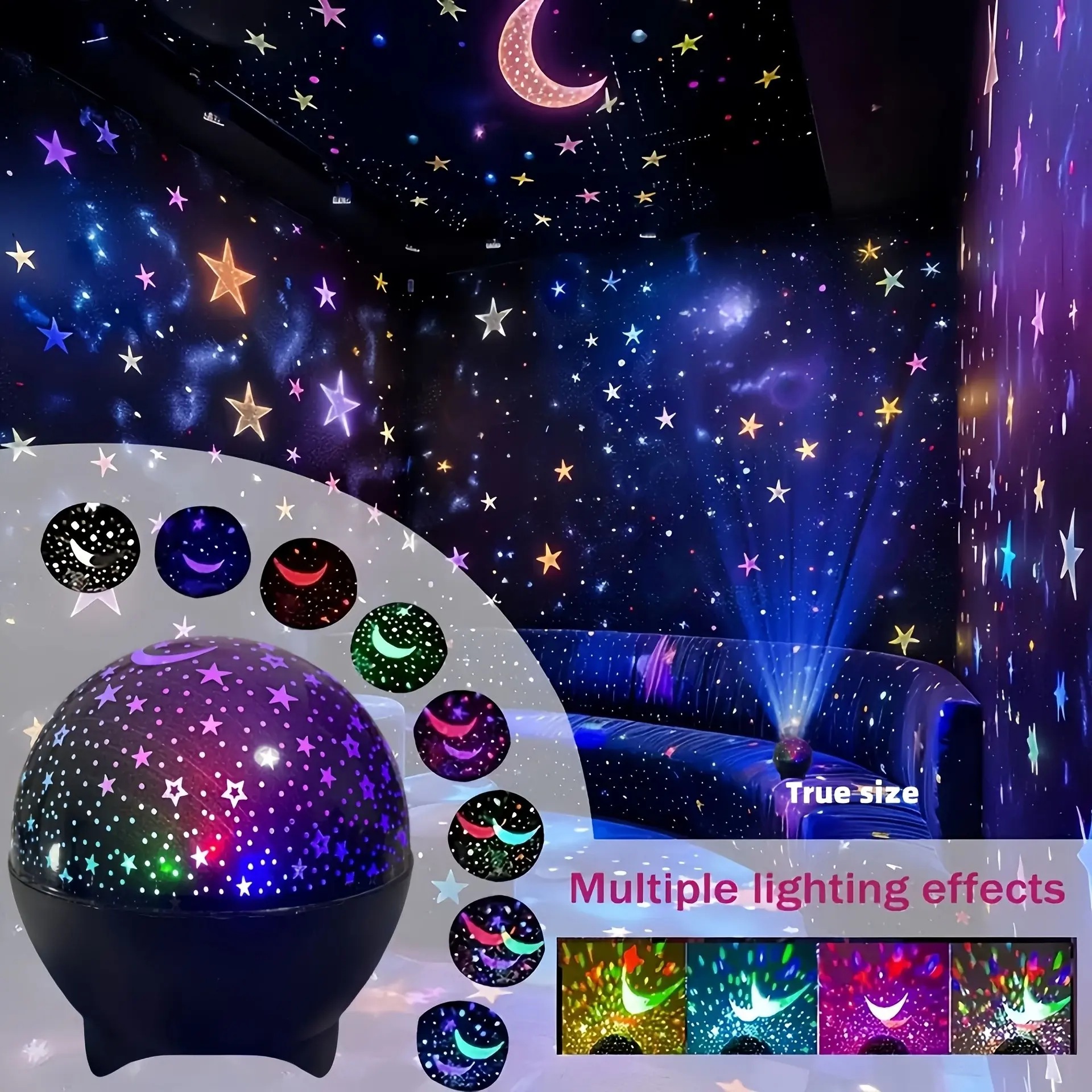 7-Color Star & Moon Projector Lamp – USB Fantasy Night Light for Bedroom, Game Room, Living Room Decor, LED Star Lights, Led Mood Lamp, Led Atmosphere Lights (Battery-Free)