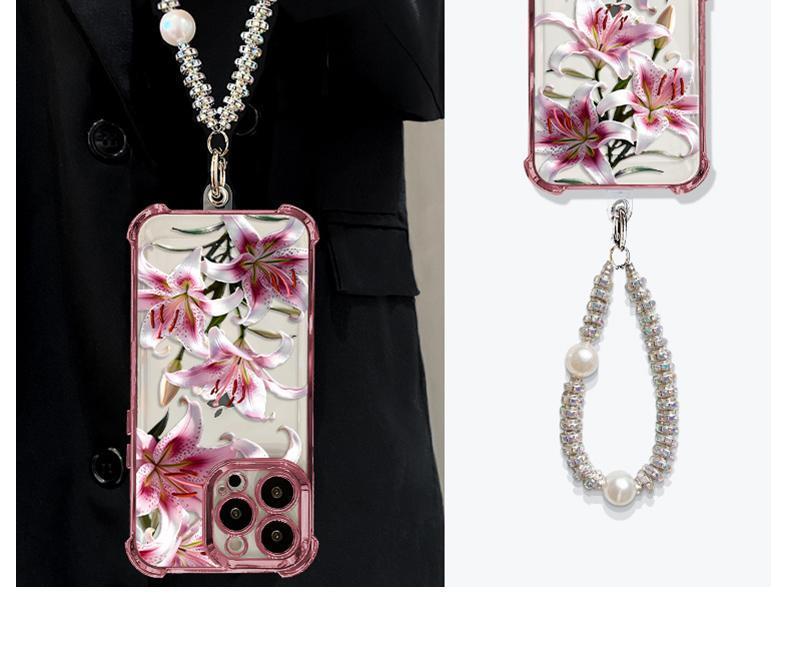 Phone case with pink lily design, compatible with iPhone 11/12/13/14/15/16/17 Pro Max, 14/15/16 Plus, X, & XS Max models, featuring a built-in chrome pink frame and drop protection.