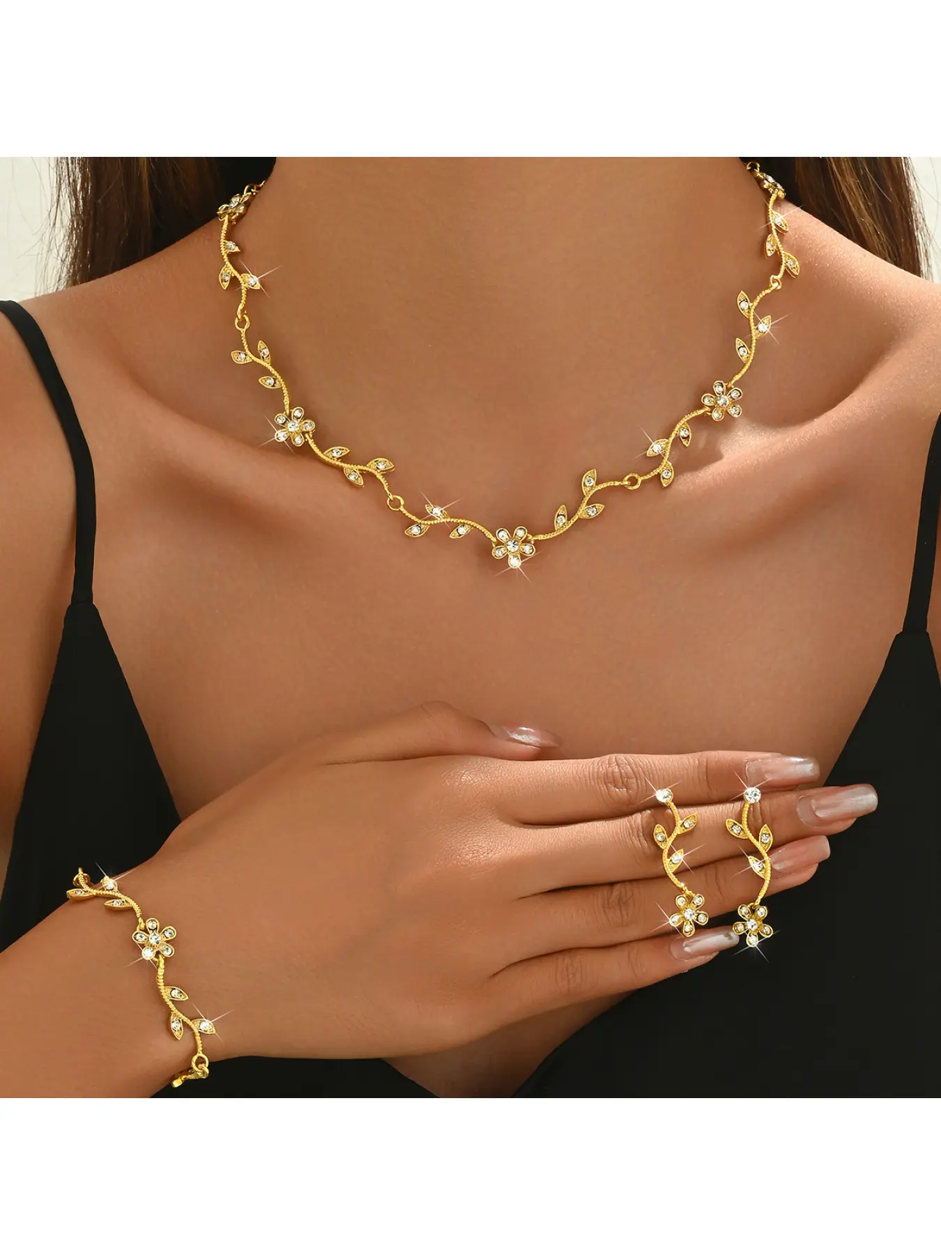 Trendy Luxury Rhinestone Leaf Flower Pendant Jewelry, Elegant Plain Design, All-Season Accessory, Choking Hazard Warning