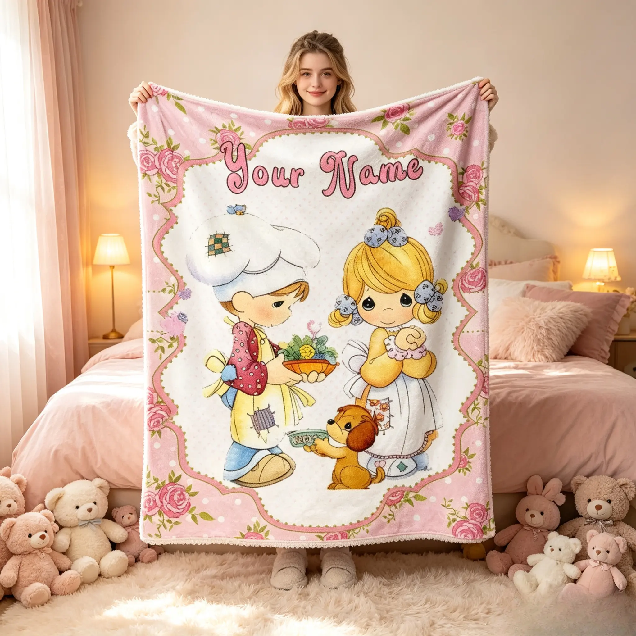 Custom Name Classic Flannel Throw Blanket - Anti-Pilling Fabric, 1-Piece Vintage Cartoon Doll Floral Print, Ultra Soft Lightweight Cozy, Personalized Bedroom Decor Gift for Bed Sofa, Birthday Essential, One-Piece