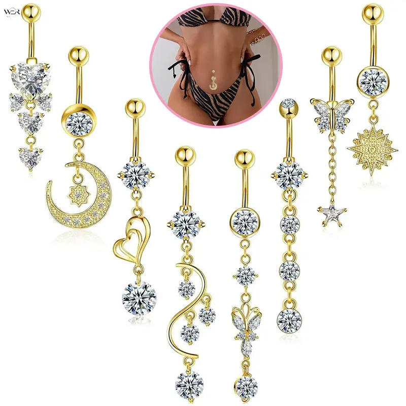 2 Tones Gold Silver Dangle Belly Button Ring Set, Multi-Style CZ Crystal Navel Piercing Jewelry, Heart Moon Butterfly Star Sun Curved Tassel Belly Piercing Charms, Women Fashion Body Piercing Accessories for Party Daily Wear