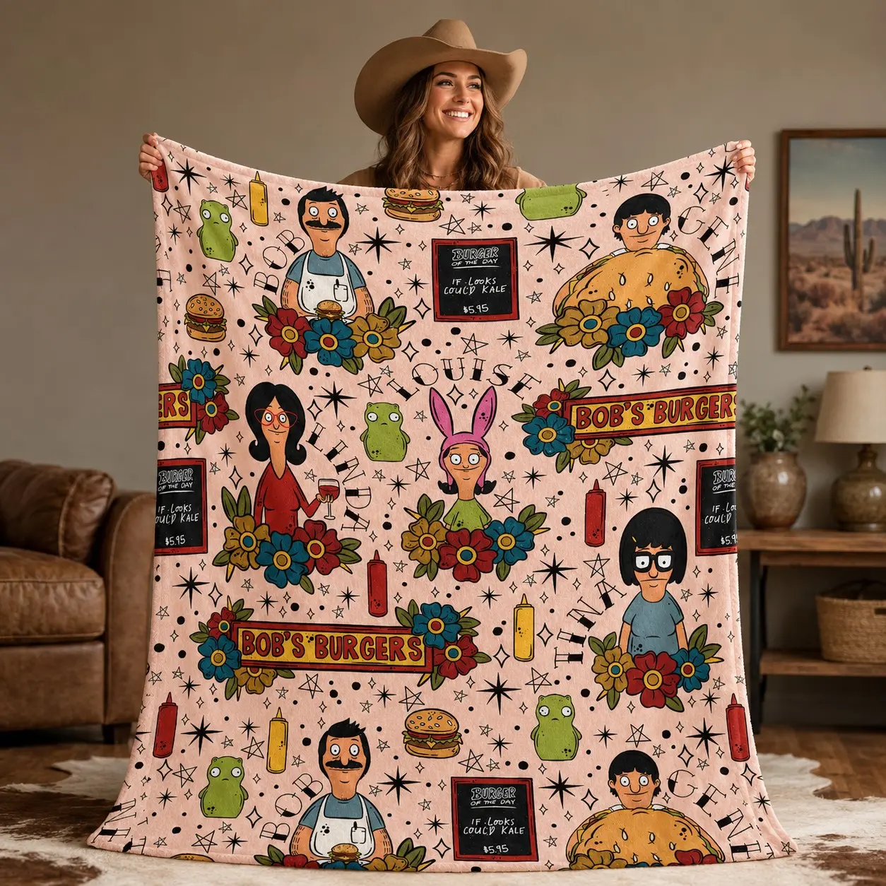 Cartoon Burger Restaurant Flannel Blanket, Funny Food Graphic Throw Blanket, Cozy Sofa Bed Blanket, Unique Home Decor Gift