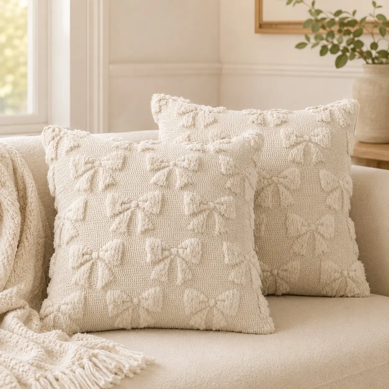 2PC 18x18"/20x20" (45/50cm) Multi-Color Tufted Bow Pillow Covers Cushion Covers | Cozy Coquette Couch Decor Aesthetic | All-Season Home Essential & Holiday Must-Have 🎀 | Perfect Gift Choice for Friends & Family