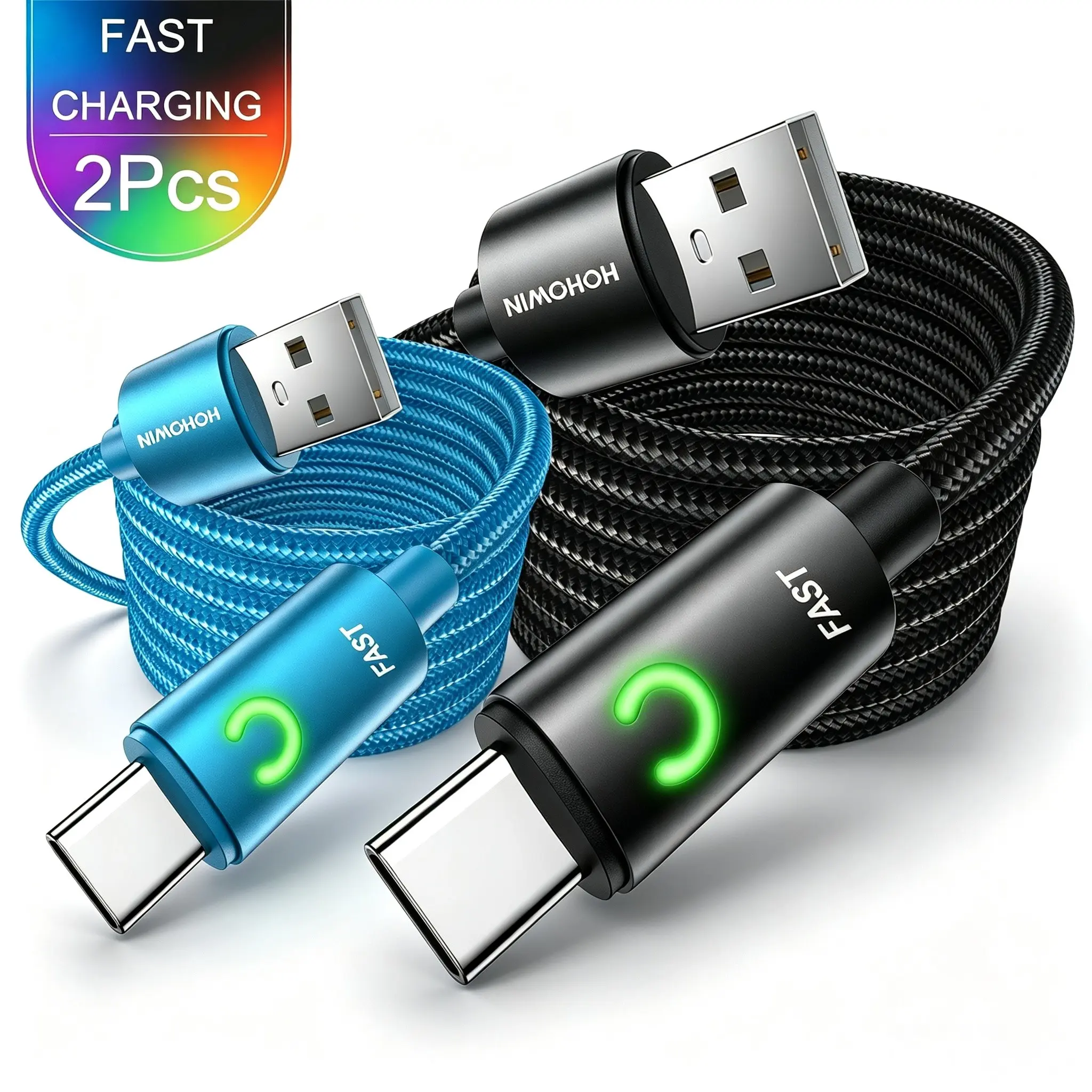 2Pcs Type-C Nylon Braided Cable with LED Indicator, USB-A to USB-C Fast Charging Cable, Compatible with iPhone, Samsung, Macbook, iPad