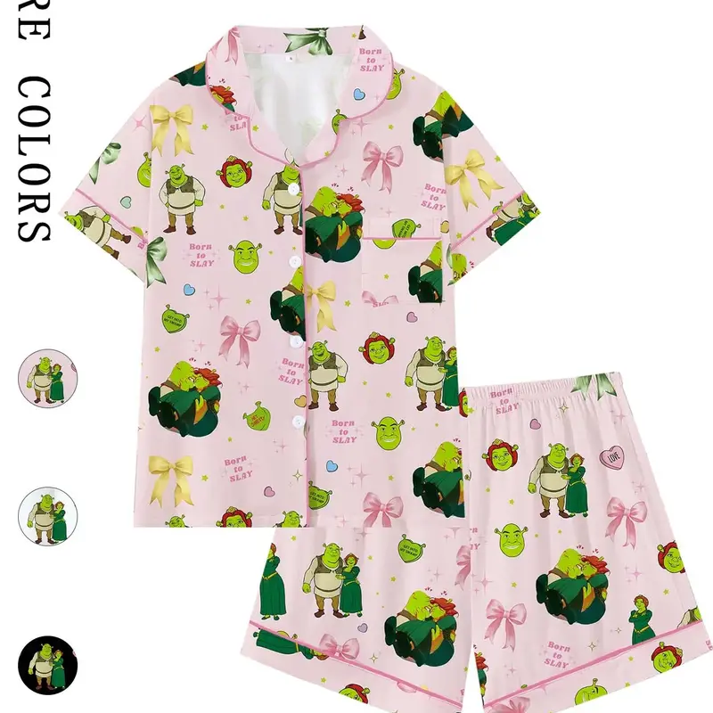 Teen Shrek Movie Cute Cartoon Print Bow Collar Short Sleeve Pyjamas Pjs, Printed Sleepwear Set, Comfortable Fashion Sleepwear Loungewear for All Seasons, Princess Fiona Gift, Loose-Fitting