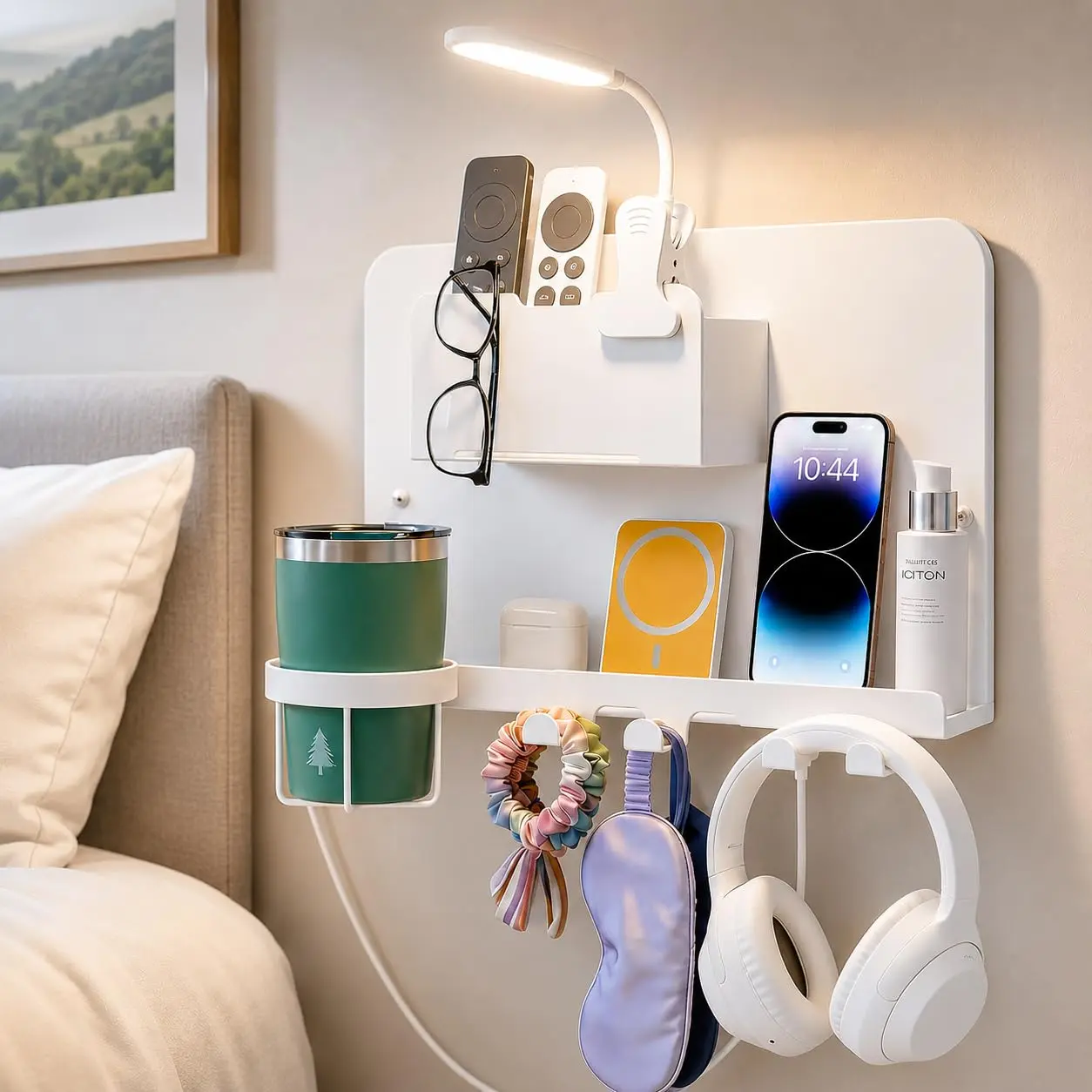 Metal Bedside Wall Shelf, Bedside Floating Shelf Wall Organizer with Detachable Cup Holder, No Drill Wall Mount for Bedroom, Wall Rack, Room Accessories, Shelfs for Wall