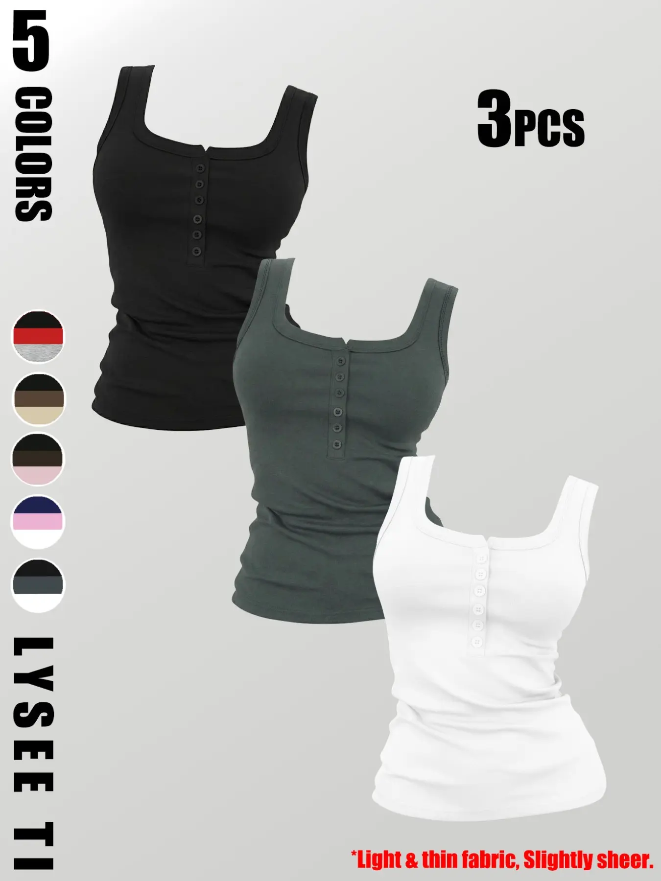 3PCS Women's Sporty Square Neck Solid Color Sleeveless Top, Breathable Button Front Tank Tops for Summer, Casual Basic Minimalist Fashion Three-Piece Set