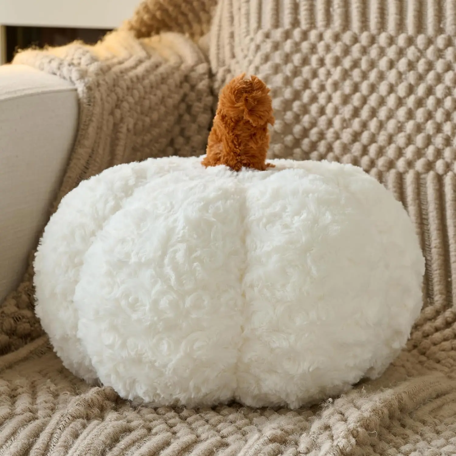 Pumpkin Pillow, Fall Decorative Pillows for Couch, Pumpkin Plush Throw Pillows for Bed (White, 8.6 Inches)