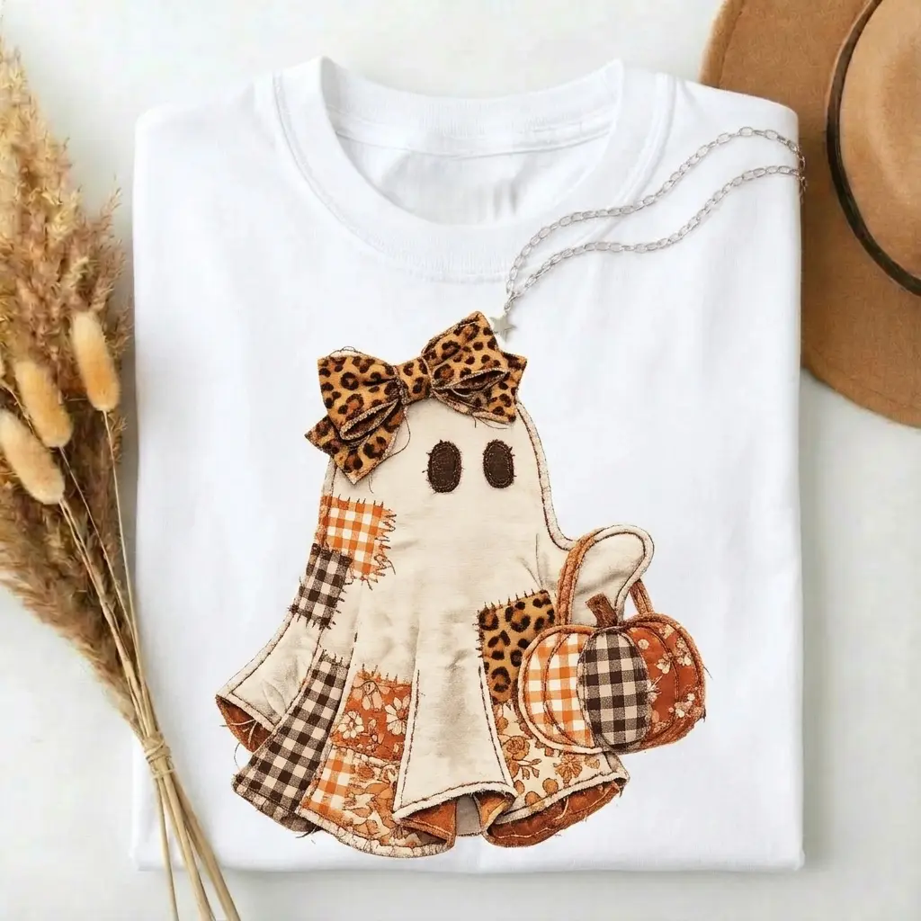 [PRINT]Faux Patchwork Ghost Shirt, Coquette Halloween Ghost Tee, Cute Fall Pumpkin Ghost Tshirt, Spooky Season Shirt