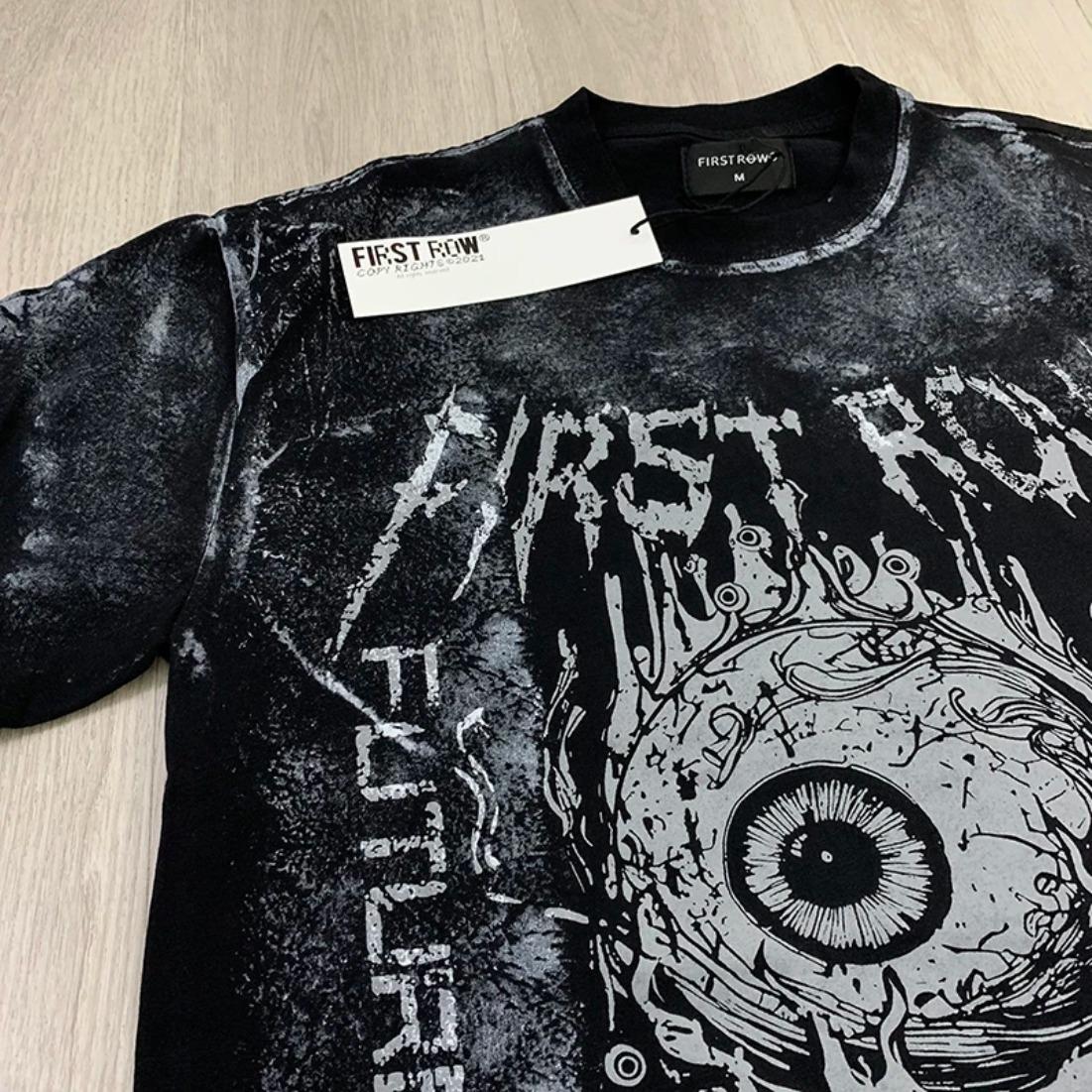 Casual FIRST ROW T-Shirts Washed Street Fashion American Style Hot Drill Letters Mens Womens High Quality Short Sleeves Tee Streetwear Trendy Graphic Tee Urban Fashion Cool Casual Look Unisex Stylish Summer Tee