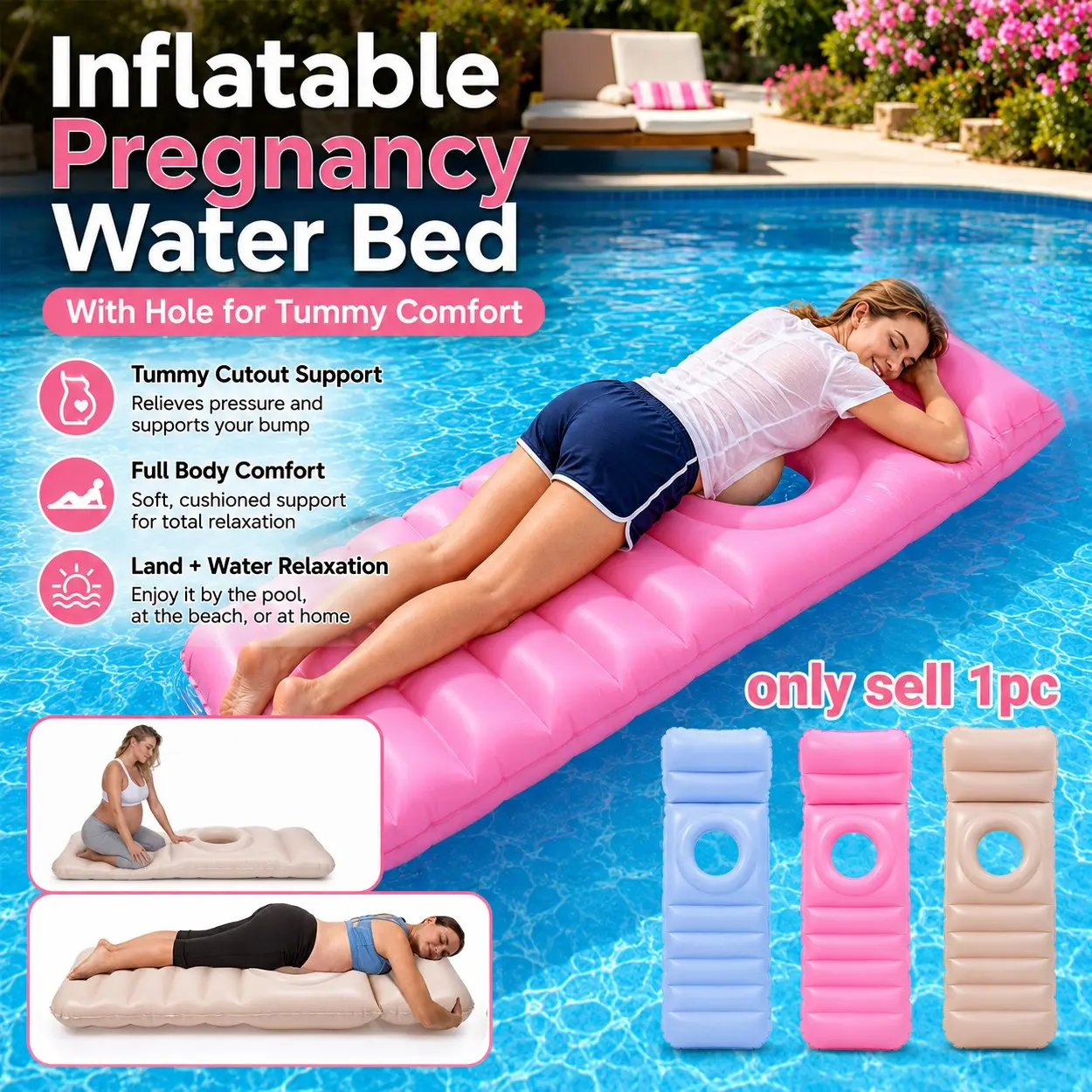 Inflatable Pregnancy Float with Belly Hole O-Shaped Style, PVC Maternity Pool Float & Yoga Mat, Full Body Support Lounger for Pregnant Moms, Comfortable Tummy Sleeping Bed for Outdoor Pool, Beach & Sunbathing, Portable Pool Floater