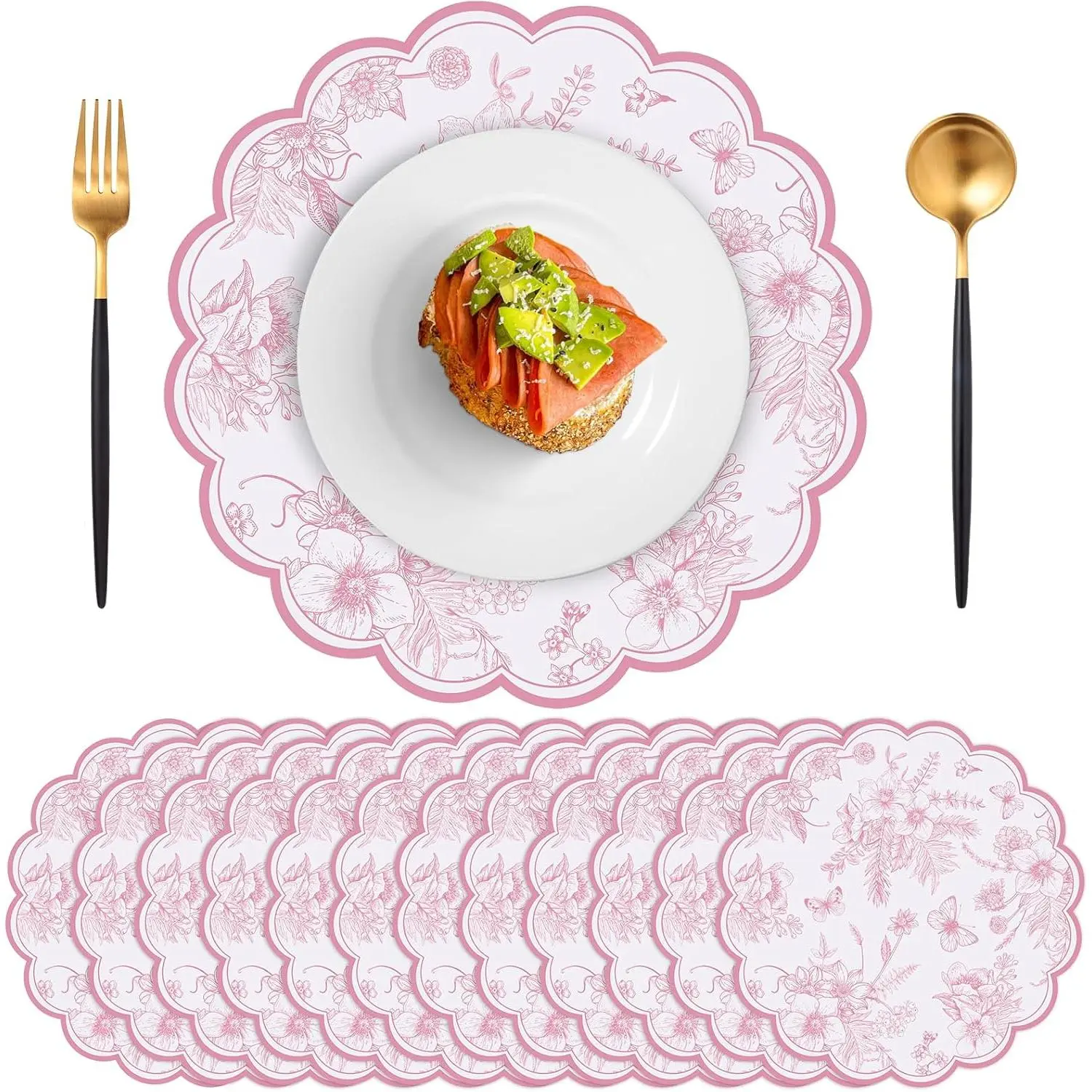 60 Pcs BPA-Free Thick Paper Pink Floral Print Disposable Scalloped Curled Edge Placemats, 13.5" Size Indoor Kitchen Tableware with Golden Accents, Vintage Wedding Party Table Setting Helper to Reduce Cleaning Time