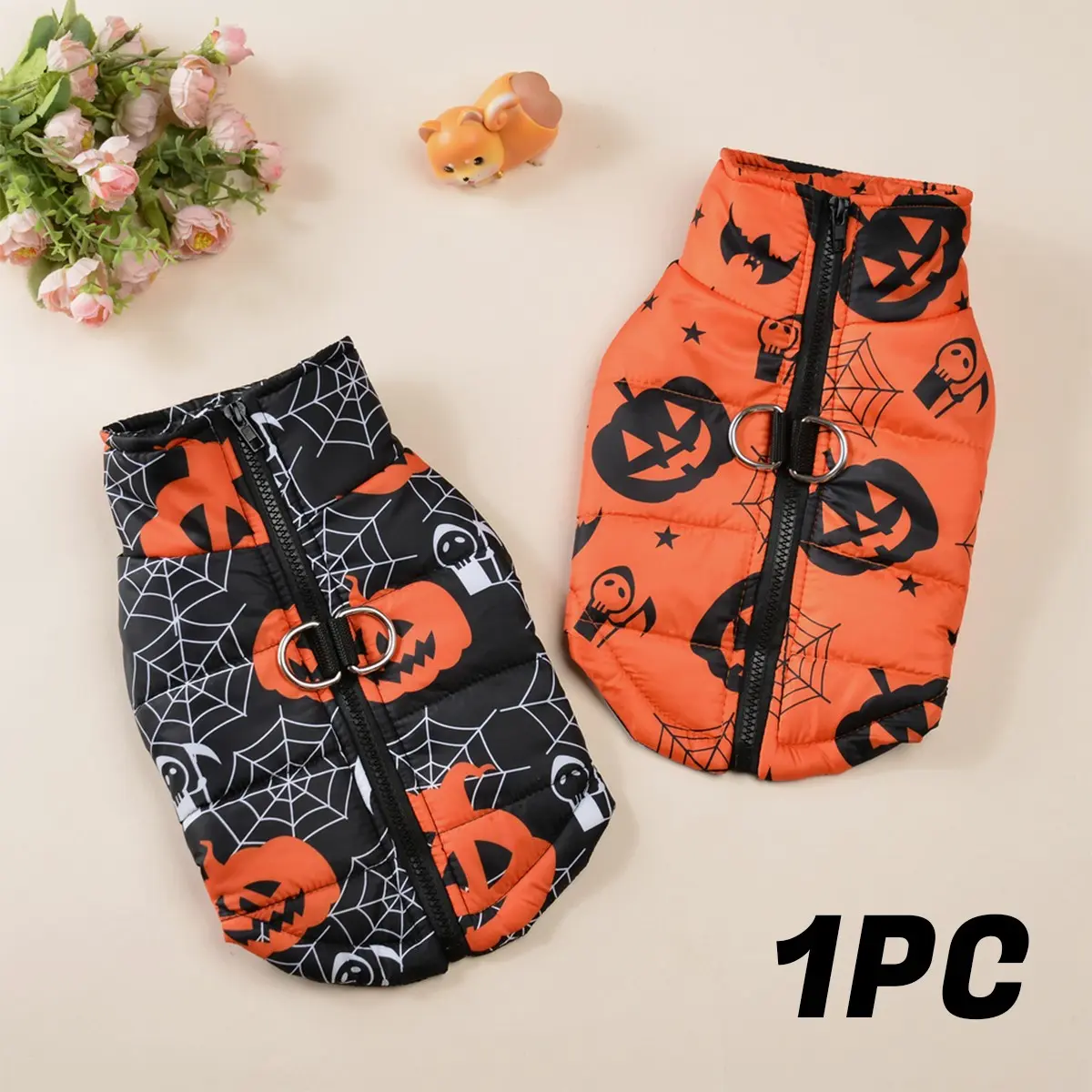 Halloween Pet Vest, Pumpkin Spider Web Print, Thick Windproof Warm Fabric, Easy Pull-On Zipper, Dual Harness Rings, Medium Dogs & Cats
