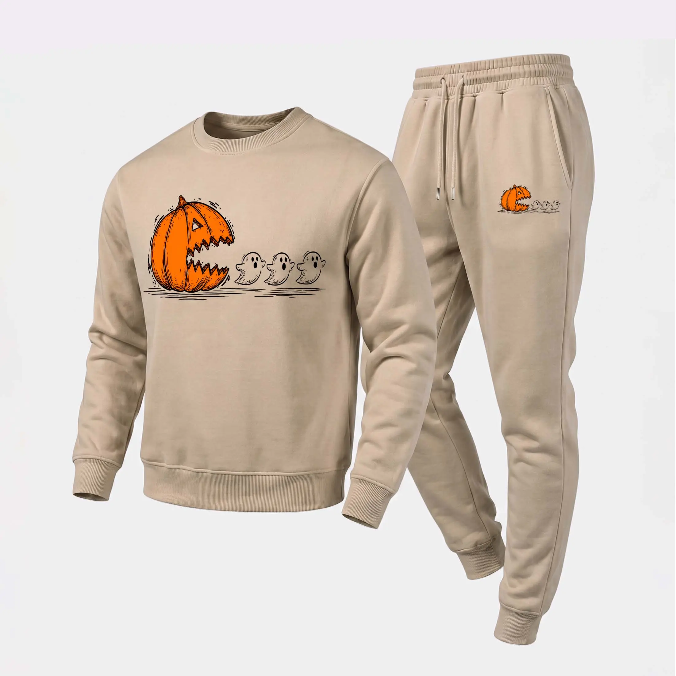 Men's Pumpkin Pacman Ghosts Halloween Graphic Crewneck Sweatshirt and Jogger Pants Set, Casual Long Sleeve Pullover with Drawstring Sweatpants, Fall Winter Tracksuit for Daily Wear, Travel, Lounge, Workout and Indoor Outdoor Activities