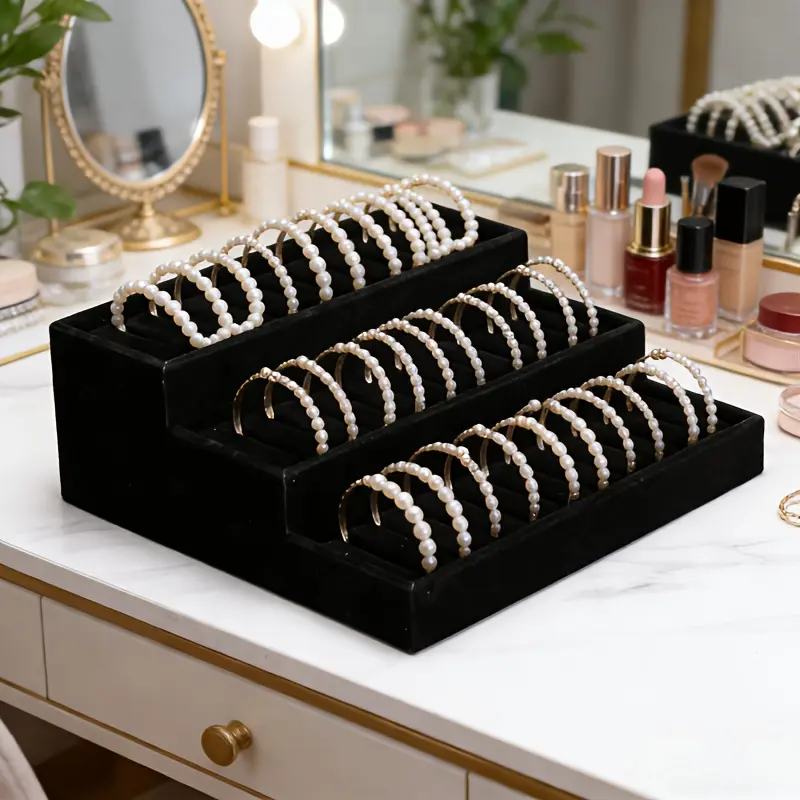 PABHAN Elegant Multi-Tier Soft Velvet Jewelry Organiser Box - 3-Tier Desktop Display with 30-Slots for Storing Necklaces, Bracelets, Pendants, Watches, Ideal for Dressing Tables, Valentine’s Gift
