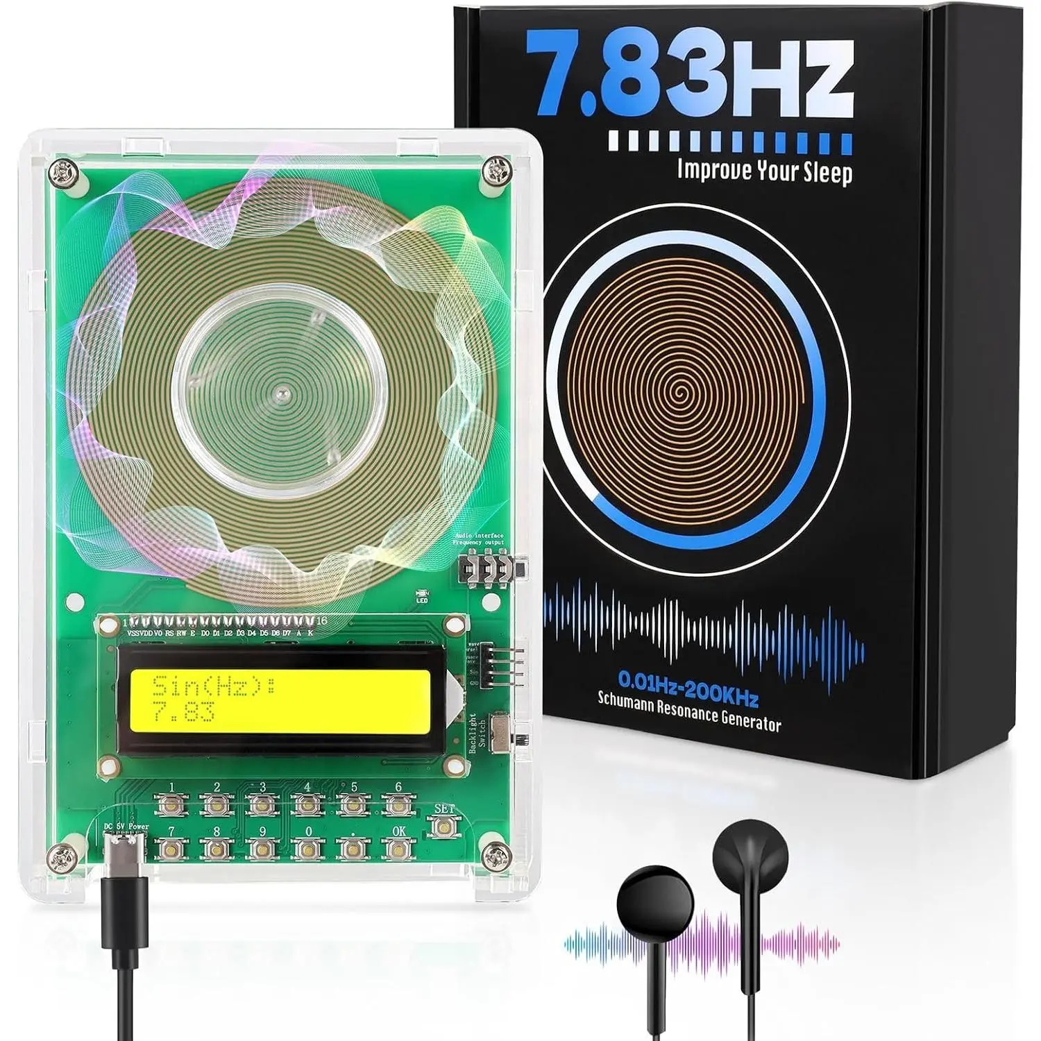 Adjustable Frequency Generator for Healing (0.01Hz-200kHz), 7.83Hz Schumann Resonance Generator, USB-C Powered Sine Wave Signal Generator for Sleep, Yoga, Meditation & Stress Relief with LCD Display