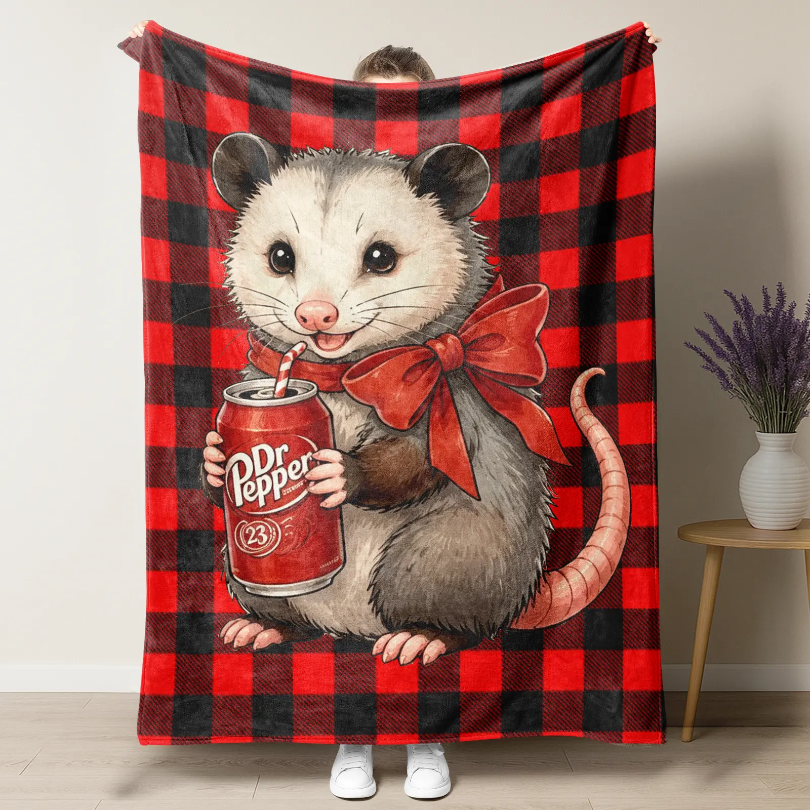 Opossum Dr Pepper Red Black Buffalo Plaid Flannel Blanket,Cute Bow Opossum Holding Dr Pepper Can Watercolor Print Soft Cozy Fluffy Blanket,Bed Dorm Cabin Decor Gift For Country Coquette Dr Pepper Fans