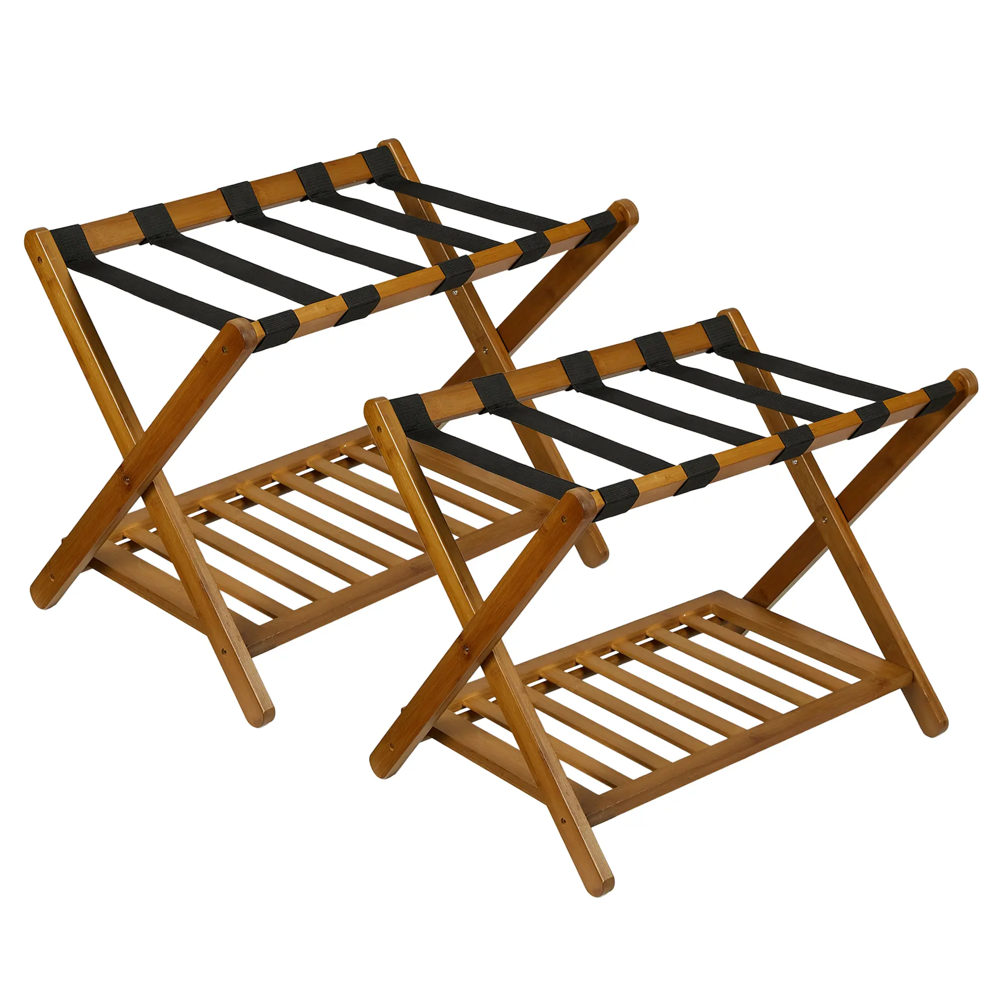 Wooden Folding Luggage Rack with Storage Shelf, Collapsible Suitcase Stand with Nylon Straps, 150 lb Capacity, No Assembly, for Guest Room/Bedroom/Hotel - Walnut
