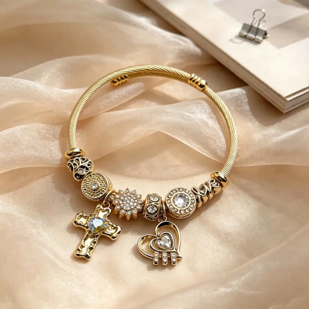 Faith Cross Heart Charm Bracelet Twisted Cable Bangle Exclusive Design Chunky Wristband Dangle LOVE Letter Sun Pendants Sparkly Rhinestone Beads Statement Religious Fashion Jewelry Gift For Women