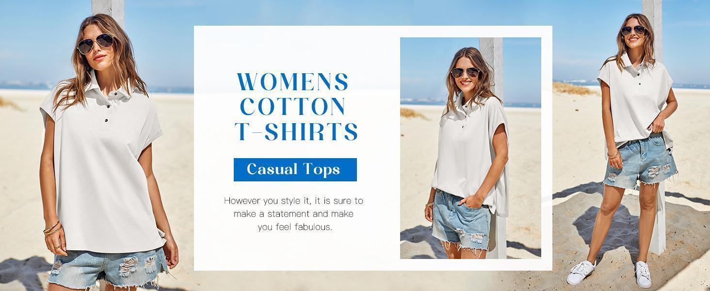 Imily Bela Womens Oversized Cap Sleeve Polo Shirts Summer Casual V Neck Tops Loose Fit Collared Cotton Tee Shirts