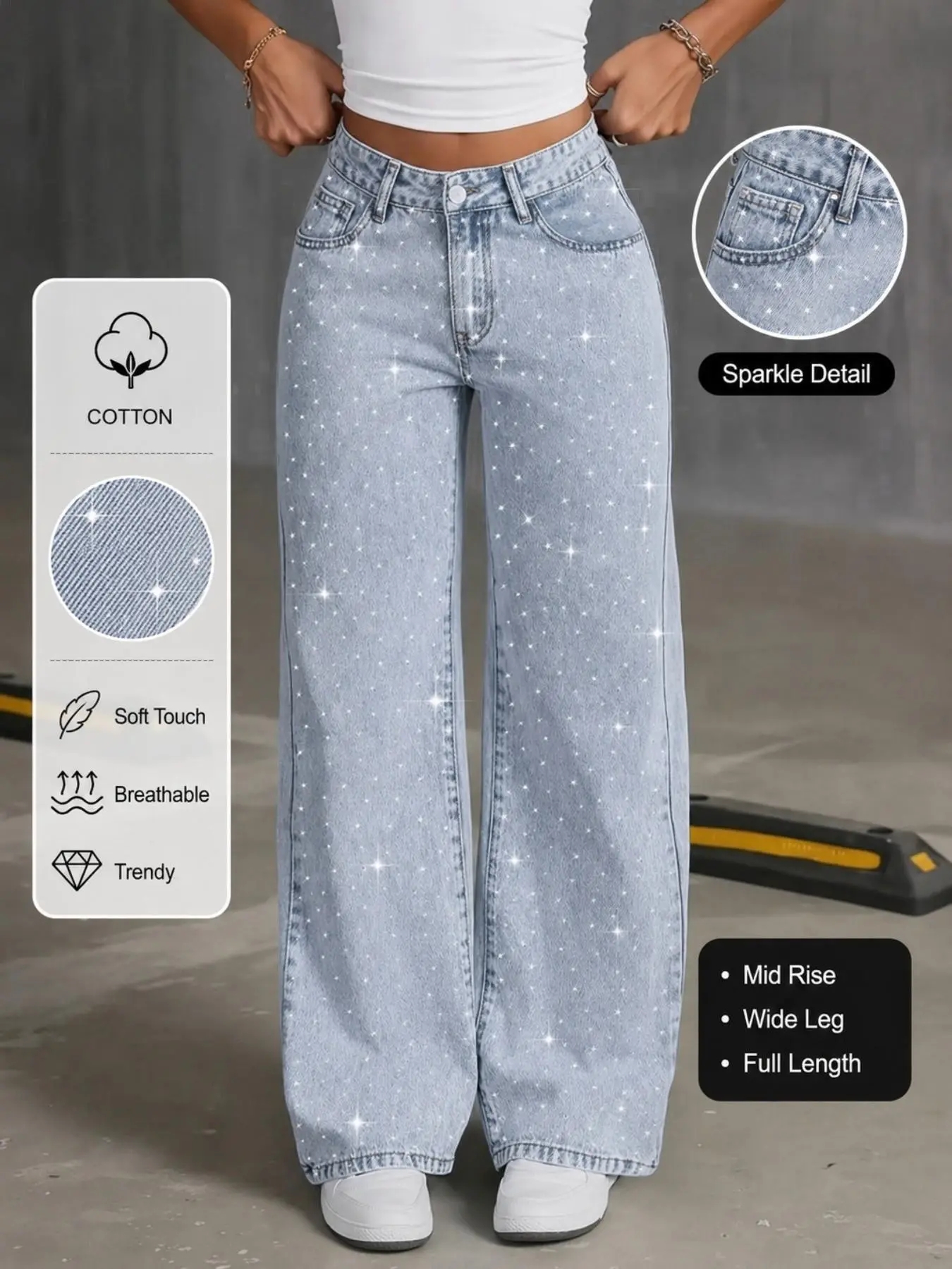 Mid-Rise Straight Leg Jeans for Women, Sparkle Rhinestone Front, Snow Wash Denim, Jean Style, Slimming Streetwear, Chic Summer Pants, All Season Casual Bottoms, Light Wash
