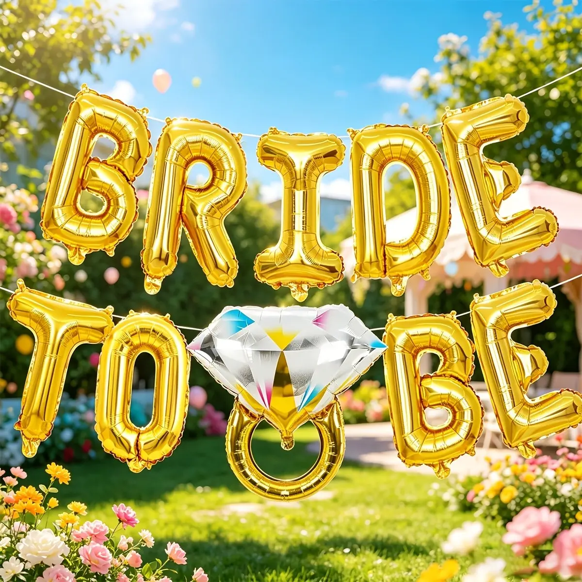 12Pcs Gold Bride To Be Foil Balloon Set, 16 Inch Bride To Be Balloon with Diamond Ring Foil Balloon, Straw & Satin Ribbon, Wedding, Bridal Shower, Bachelorette Party Backdrop Decor Supplies