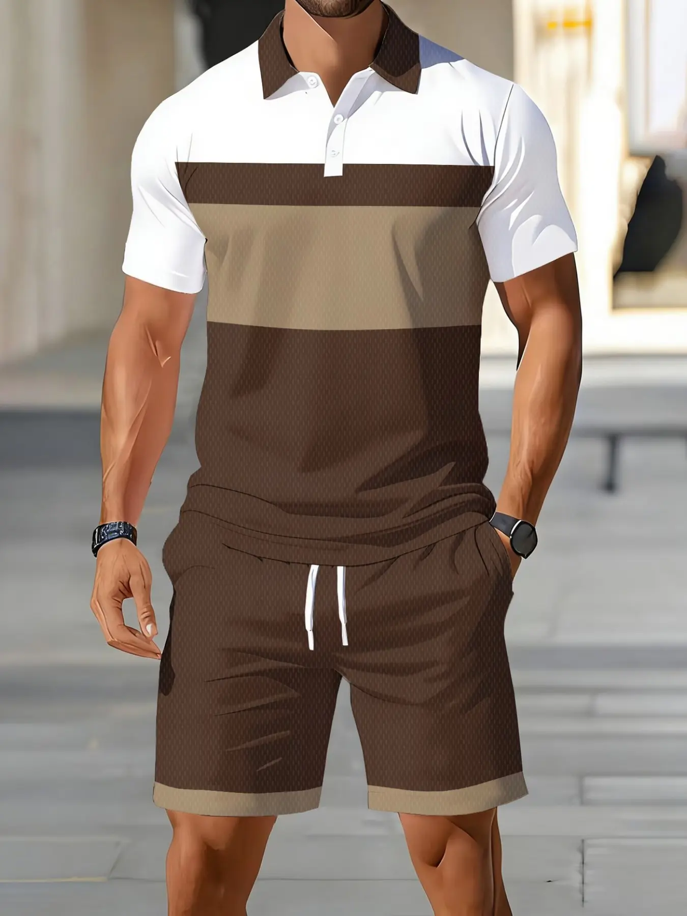 Digital Print Geometric Polo Shirt and Shorts Set, Man Summer Casual Fashion Streetwear, Two-Piece, Short Sleeve, Knee-Length, All Seasons
