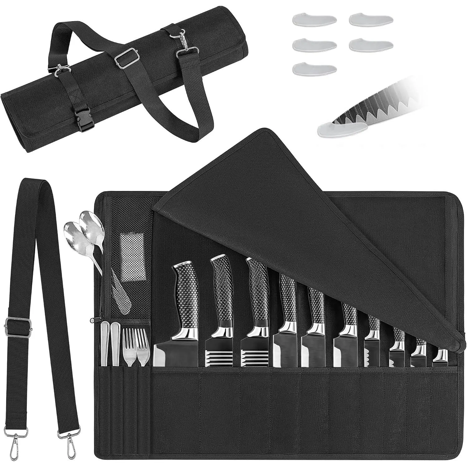 Chef Knife Roll Bag, Portable Chef's Knife Bags | Knife Bag with 14 Different Sized Knife Slots and an Adjustable Shoulder Strap, Knife Roll Bags for chefs professional, Black