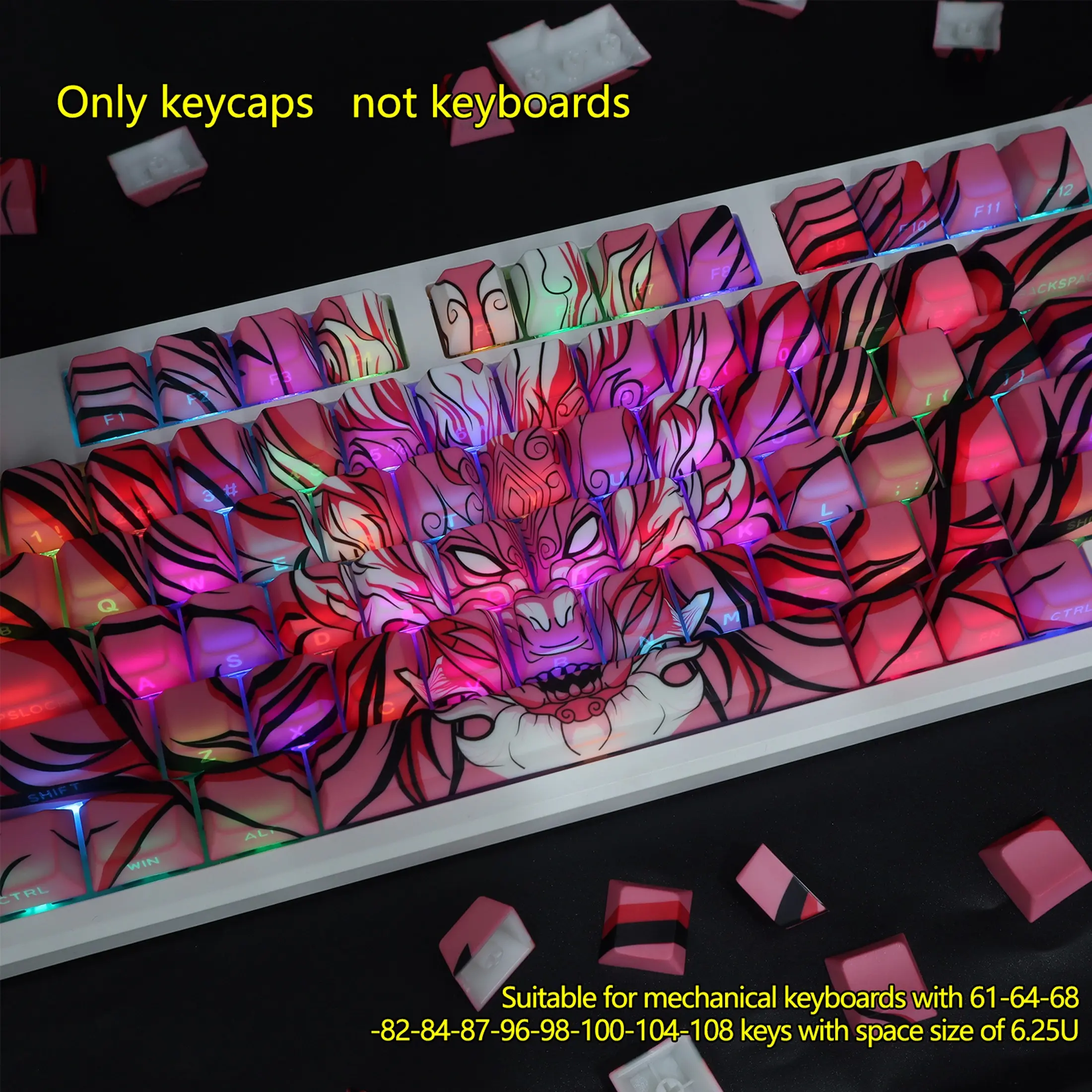 Chinese Dragon PBT Keycaps,Custom Cool Dragon Pattern Side Print Keycaps Sidelit Cool 130 Keys, Cherry Profile, Dye Sub, Custom Shine Through keycaps for MX Mechanical Keyboard