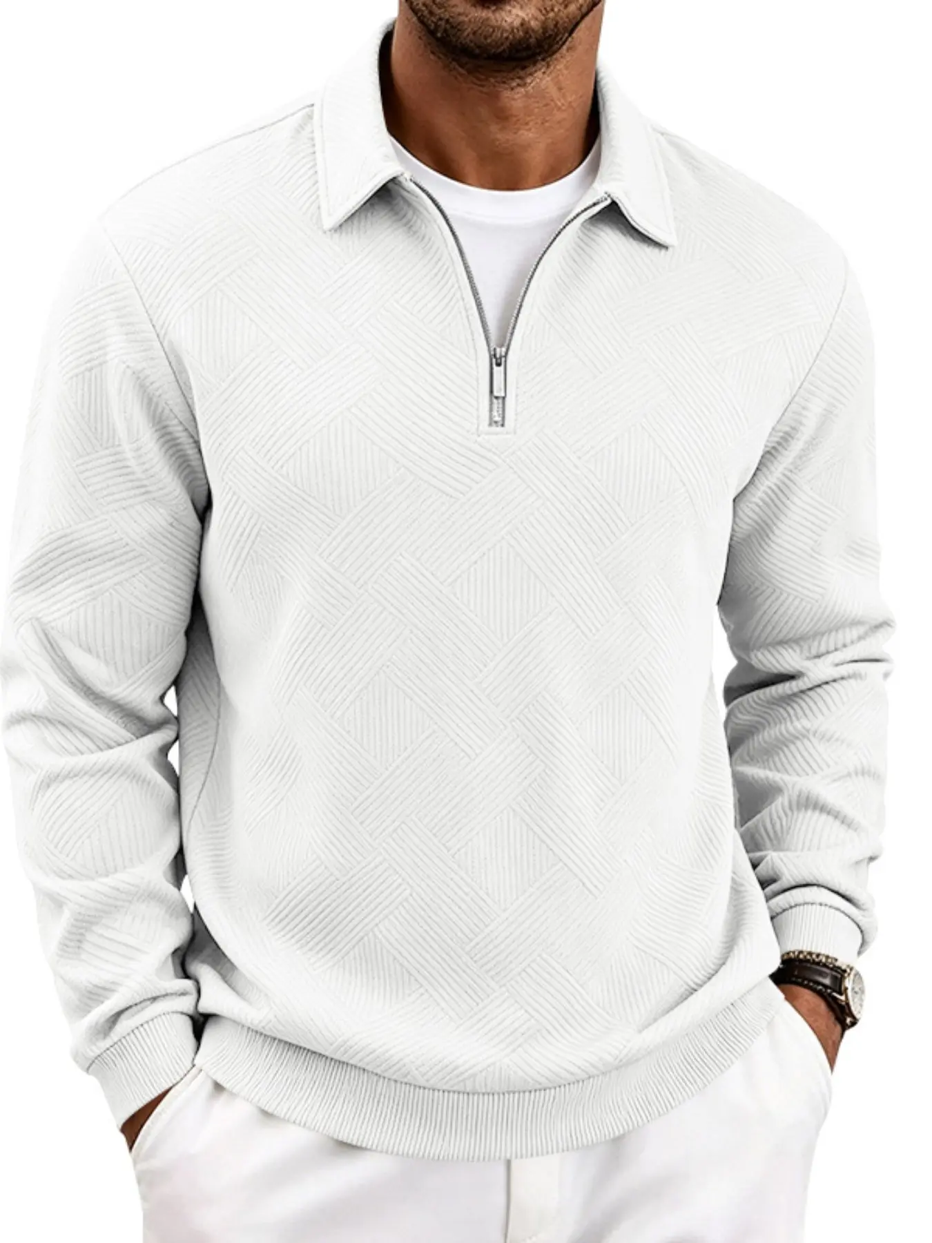 Men's Textured Quarter Zip Polo Sweatshirt, Lapel Collar Long Sleeve Pullover Top, Soft Knit Loose Fit Classic Casual Business Fall Winter Daily Dressy Sweatshirt Multiple Colors Menswear