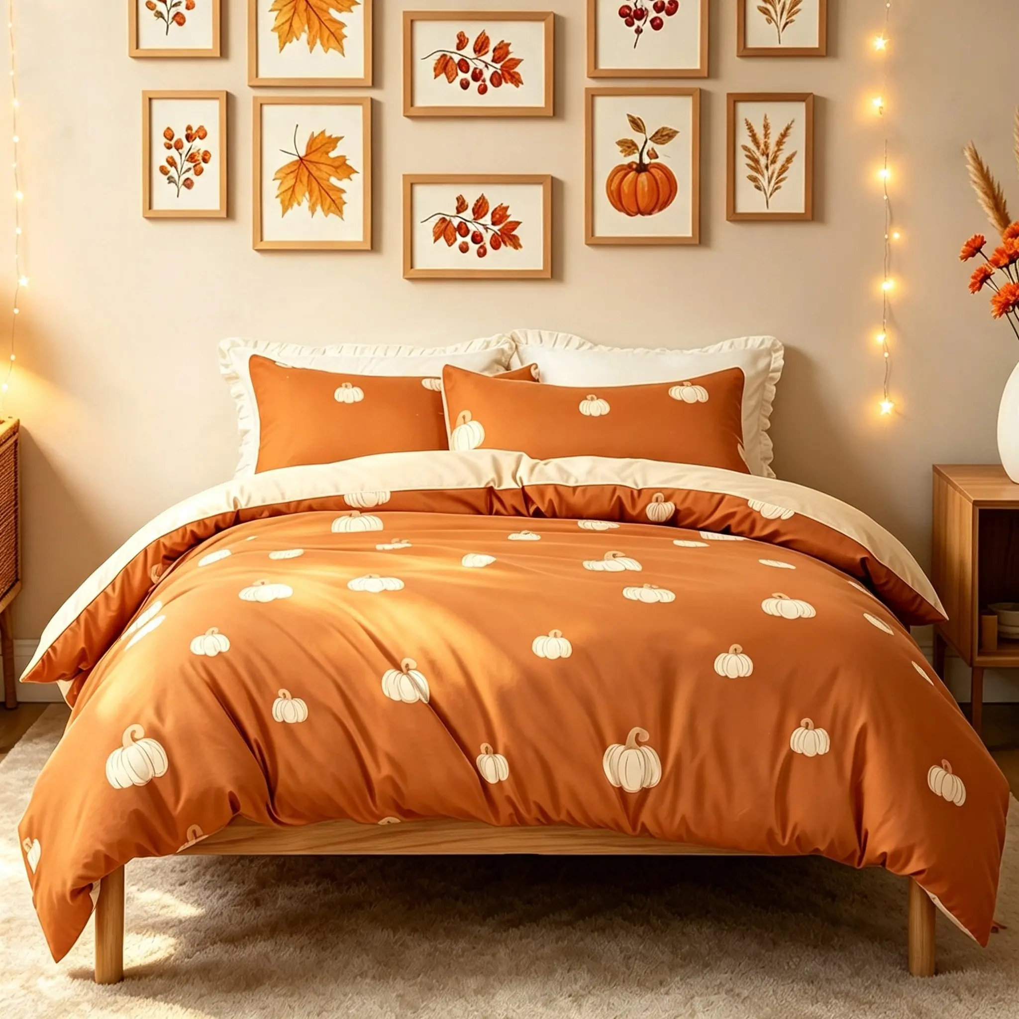 Caramel Thanksgiving Fall Harvest 3-Piece Duvet Cover Set, Orange Pumpkin Digital Print Farmhouse Bedding, Includes 1 Duvet Cover & 2 Pillowcases, No Fillers, Soft Microfiber Bedding Set, Hotel Quality, Ideal Gift