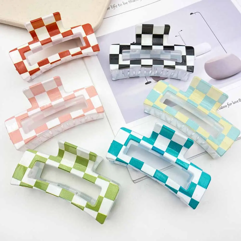 6pcs Checkered Pattern Hair Claw Clips Hollow Out Square Jaw Clips Multi Color Available Large Non Slip Hair Clips for Women and Girls