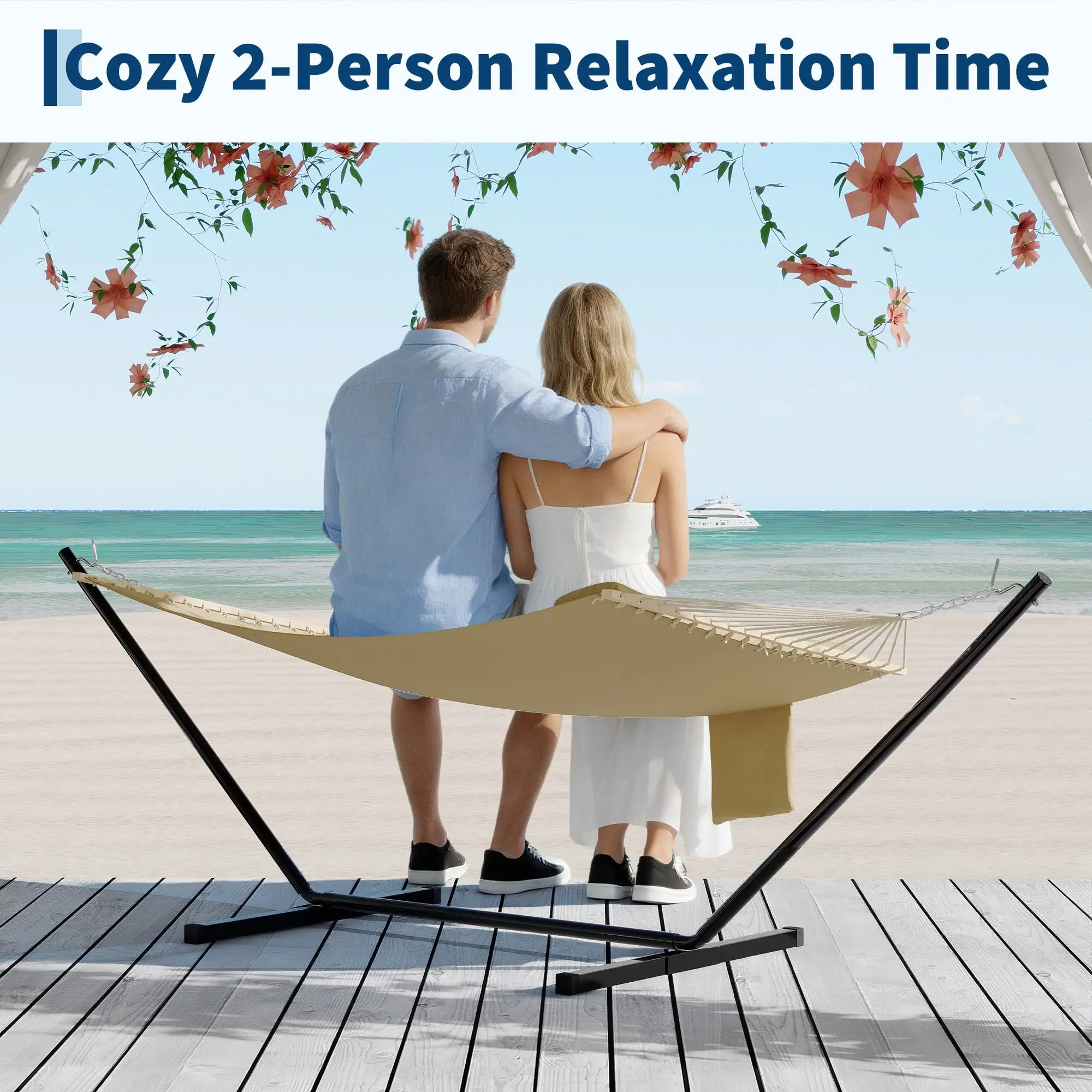 Double Quilted 12FT Hammock for 2 Person – Comfortable & Sturdy Outdoor Swing Bed – Wooden Spreader Bar, Detachable Pillow, 450lbs Capacity – Ideal for Patio, Backyard, Poolside – off pale shade, 350cm-party gift