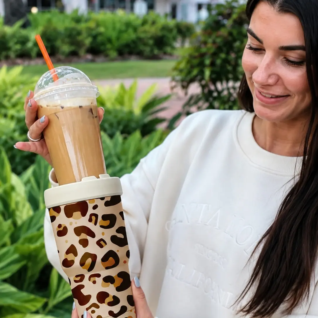 1 Pc 32oz Trendy Leopard Print 2-in-1 Insulated Can Cooler, Includes Tumbler Lid, Converts into a 32oz Travel Tumbler, Double Wall Vacuum Stainless Steel, Fits Most 16-24oz To-Go Coffee & Bubble Tea Cups, Stylish Gift for Women, Christmas & Daily Use
