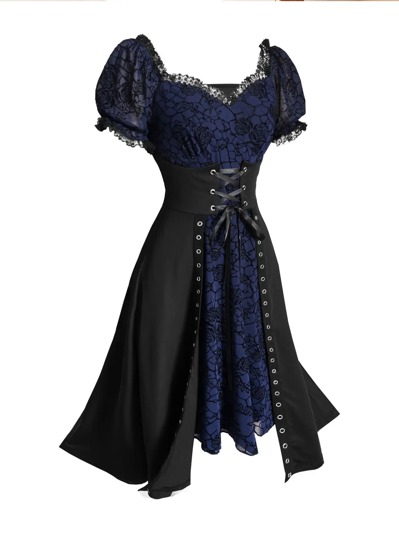 Gothic Rose Floral Faux Fur Two-Piece Dress, Mid-Length Vintage Slim Fit Dress, Perfect for Gothic Parties and Daily Dates