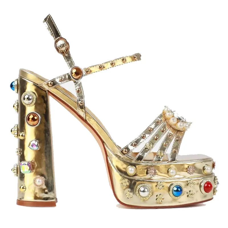 Women's Elegant Platform Pumps, Slip-On Gladiator Style Heels in Black Leather with Rhinestone Rivets and a Thick Flexible Gold ABS Block Heel, Footwear