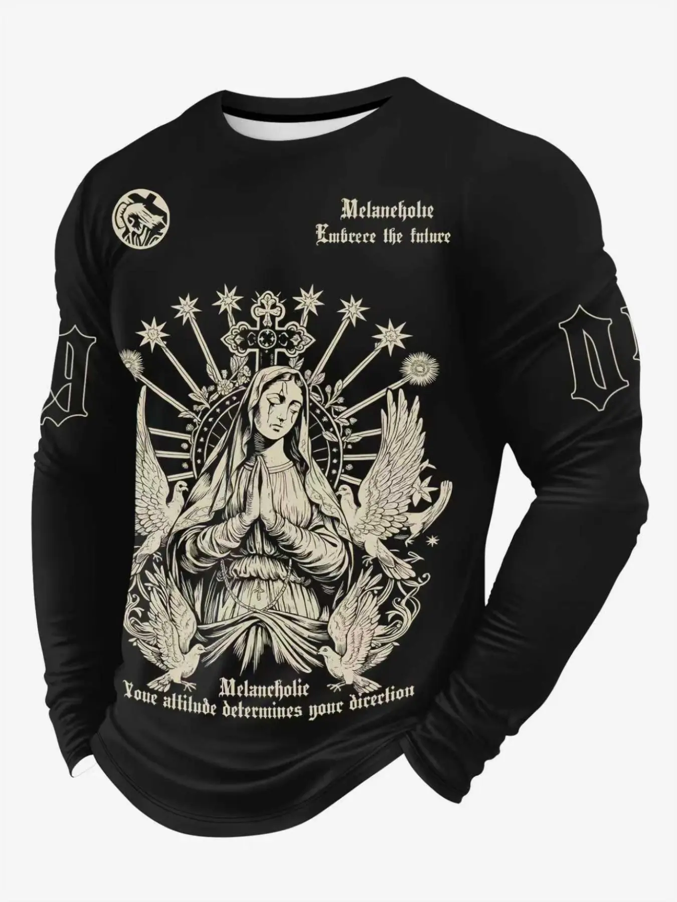 Men's Round Neck Long Sleeve T-Shirt, Vintage Madonna Dove Cross Gothic Letter Print, Dark Aesthetic Casual Streetwear