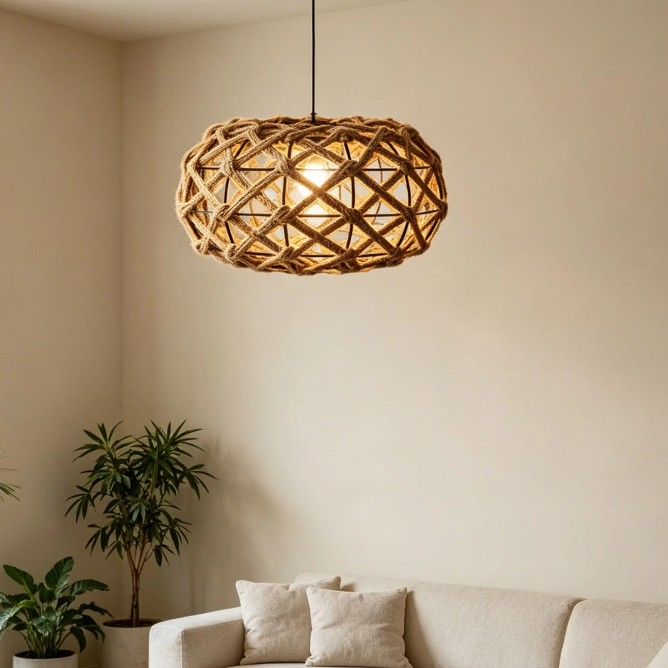 Bohemian Vintage Natural Hemp Rope Handmade Decorative Lamp Shade, Round Hollow Iron Pendant Light Cover, Home Decor for Dining Room Kitchen Bar