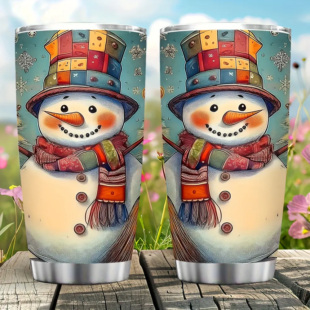 1 20-ounce holiday snowman pattern insulated water cup, keeps drinks hot or cold, suitable for holiday gifts, Christmas and winter themed portable travel cup