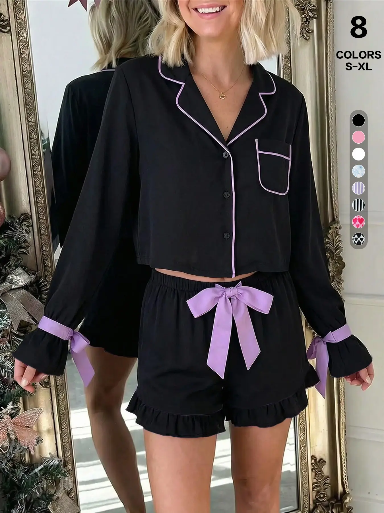 Women's Lapel Collar Satin Pajama Set, Long Sleeve Cropped Top with Bow Cuffs, Floral Heart Striped Print, Silky Soft Loungewear, Casual Loungewear, Matching Pyjamas, Aesthetic, Nightwear