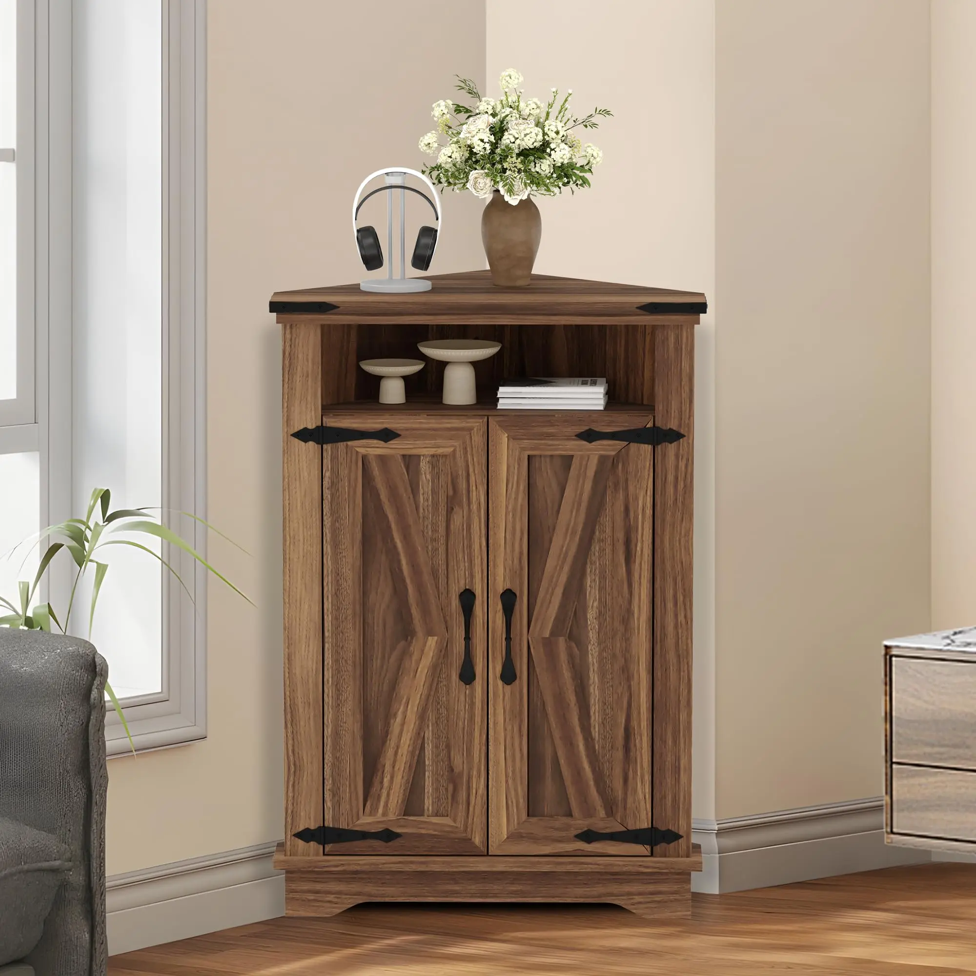 Small Corner Cabinet with Barn Doors & Adjustable Shelf, Farmhouse Bathroom Table with Storage for Small Spaces, Kitchen, Living Room