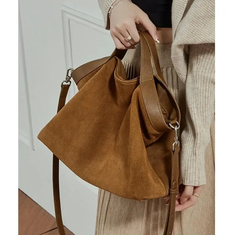 BURMINSA Genuine Suede Leather Hobo Bags Women Vintage Designer Large Shoulder Crossbody Tote Slouchy Soft Office Work Handbags