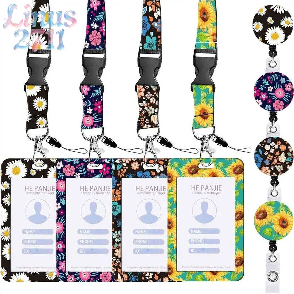 Floral Sunflower Daisy Lanyard ID Card Holder Retractable Badge Reel Neck Wrist Strap Keychain Phone Anti-Lost Strap Office School Student Credential Accessory