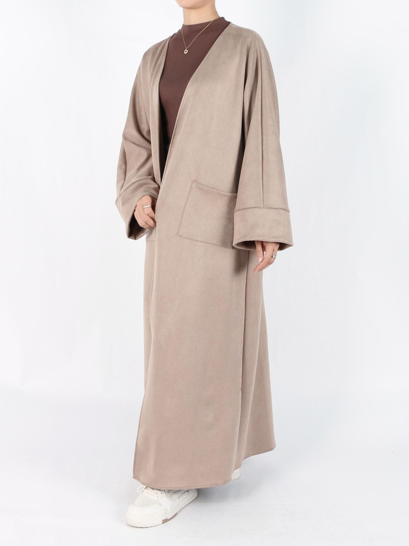 Women's Solid Long Sleeve Open Front Suede Coat, Elegant Long Sleeve Pocket Design Long Coat for Fall & Winter, Women's Islamic Clothing for Daily Wear, Modest Muslim Outfits
