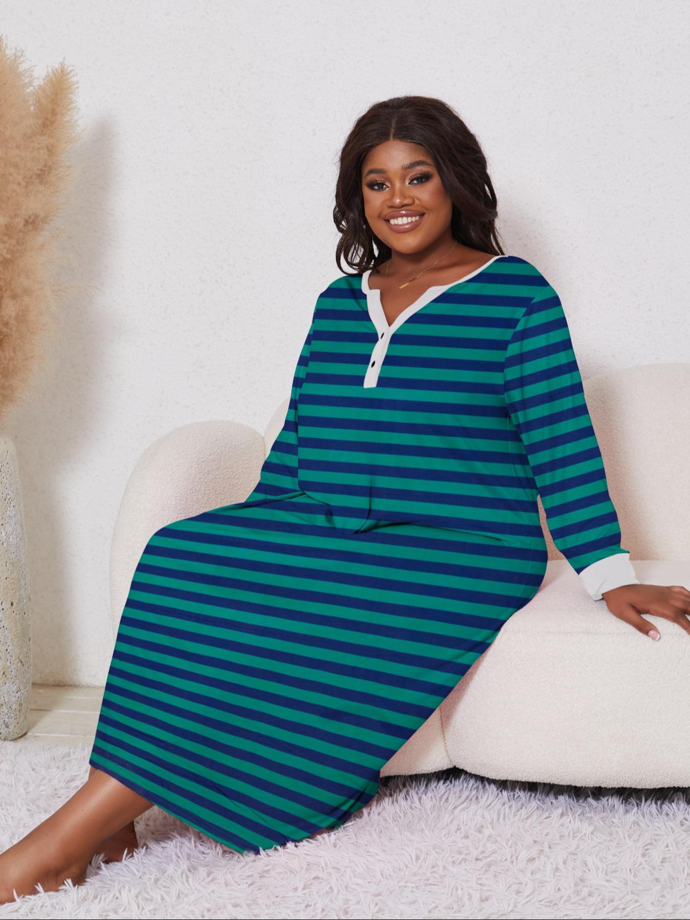 Plus Size Striped Print Contrast Binding Nightdress, Casual Button Front  Notched Neck Sleep Dress for Women, Women's Sleepwear for Spring & Fall