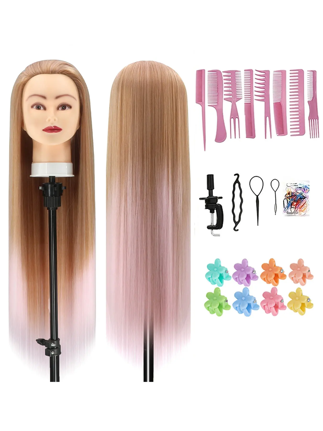 28 Inch Styling Head for Hairdressers, 100% Synthetic Fibres, Includes Free Clamp and DIY Braiding Set, Ideal for Training