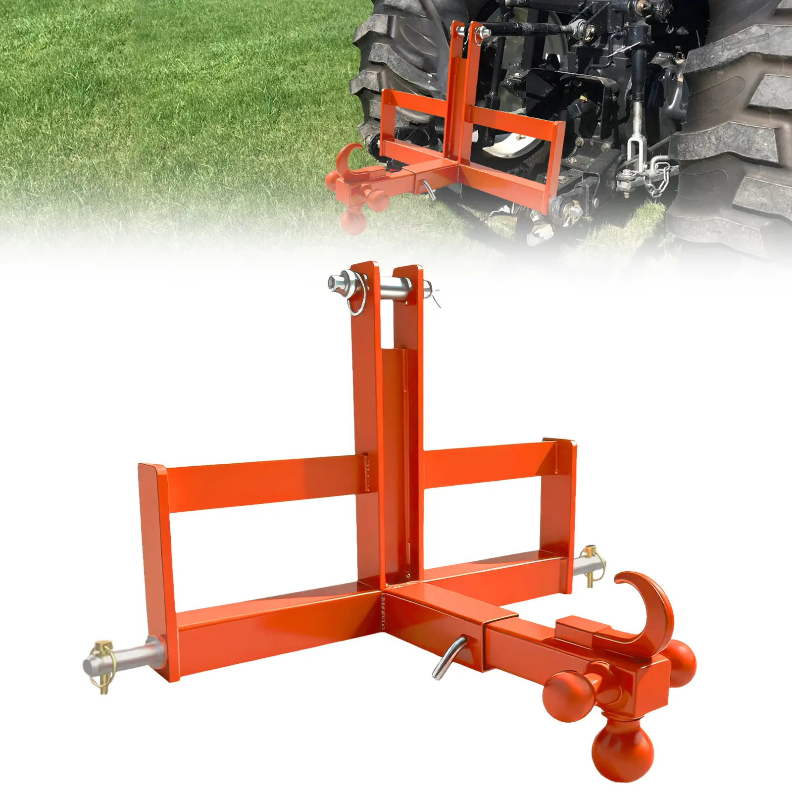 4-Way Trailer Hitch Receiver for Category 1 Tractors – Heavy-Duty Carbon Steel, Quad-Ball Mount with Towing Hook, Orange – 10,000 lb Capacity