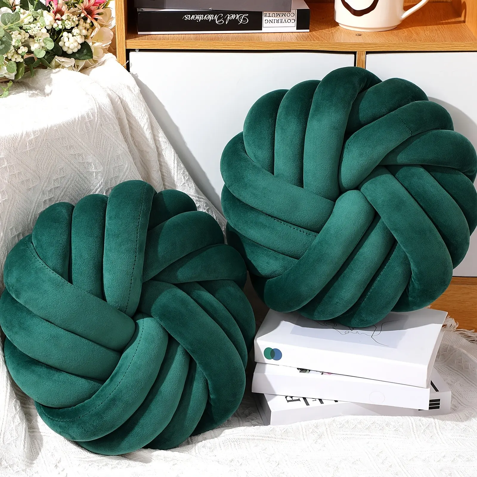 Set of 2, 14-Inch Round Knot Pillows, Soft And Plush, Handmade Decorative Cushions for Modern Home Use, Suitable for Beds, Sofas, And Couches, in Green Color