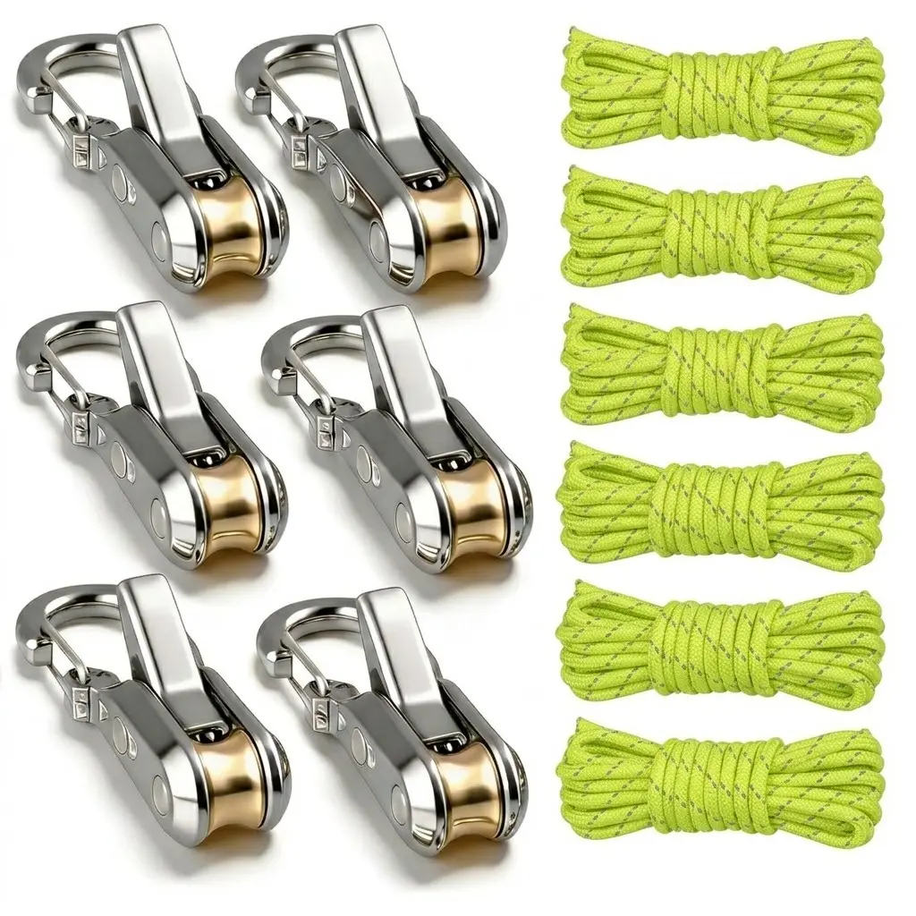 6-Piece Heavy-Duty Metal Umbrella Rope Adjuster, Roller, Tension Adjustment Tool, Suitable for Camping, Marine, Outdoor Equipment, Carabiner Buckle